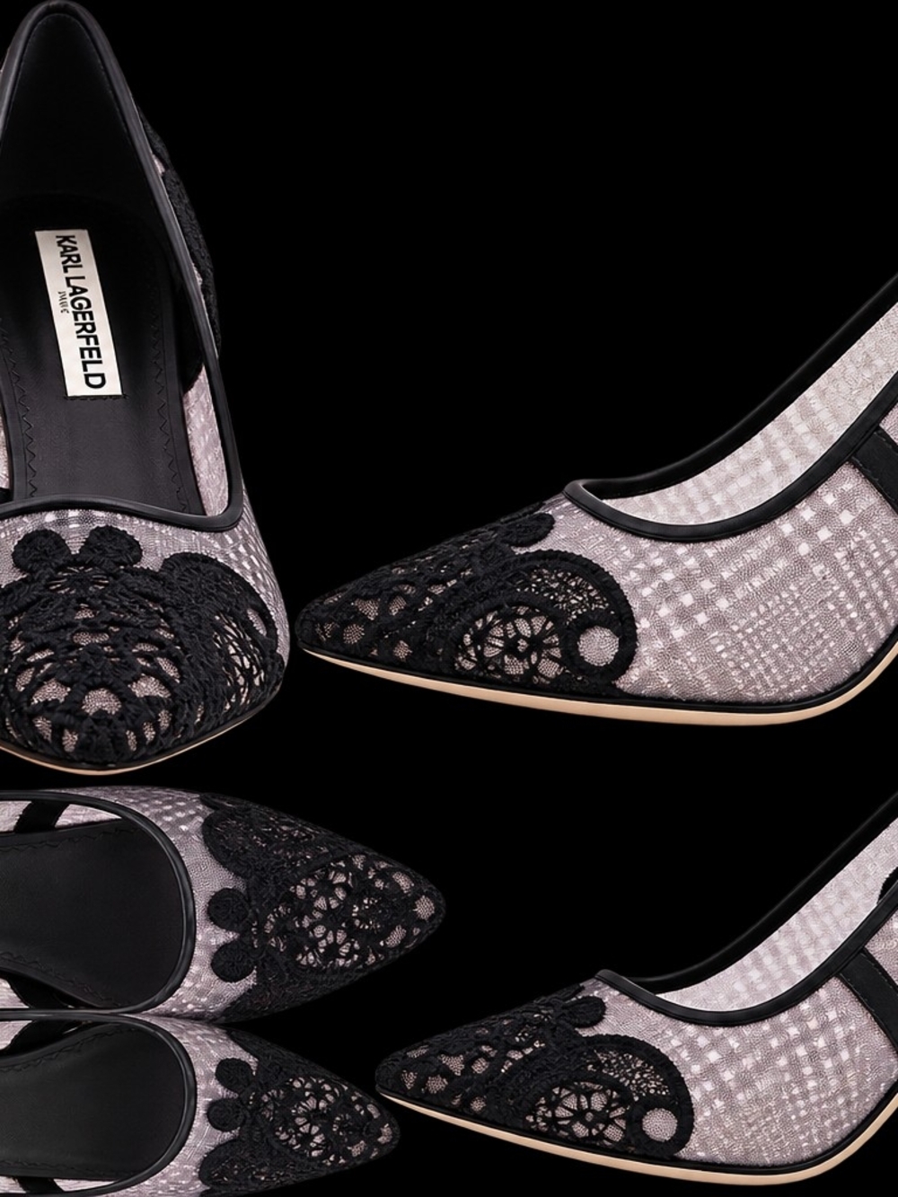 Karl Lagerfeld Black Lace & Light Silver Tweed Pointed-Toe Pumps